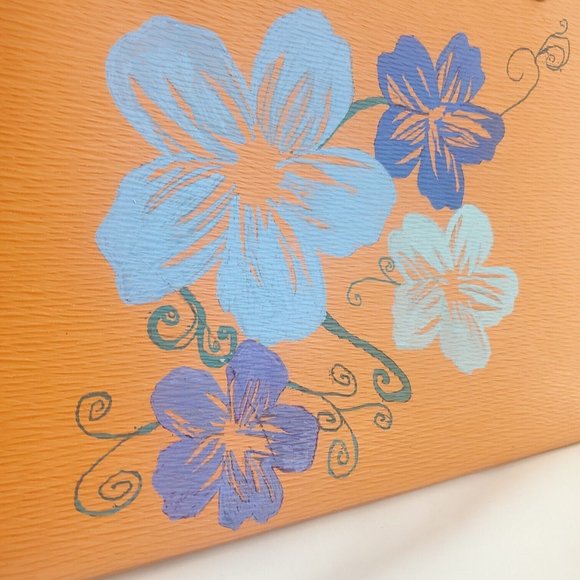 Jack Georges Womens Orange Leather Handpainted Floral Double Handles Tote Bag - Picture 4 of 15